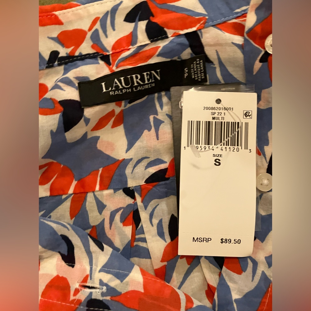 NWT Lauren Ralph Lauren Women’s Small Button Down Floral Shirt Blouse Red Blue - Picture 9 of 10
